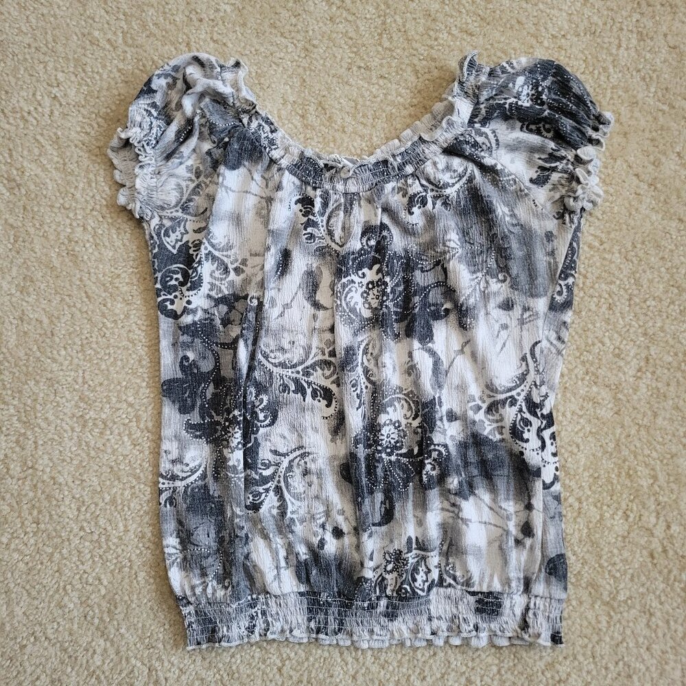 Y2K Boho Peasant Top Smocked Bubble Hem Medium Indie Grunge Cottagecore